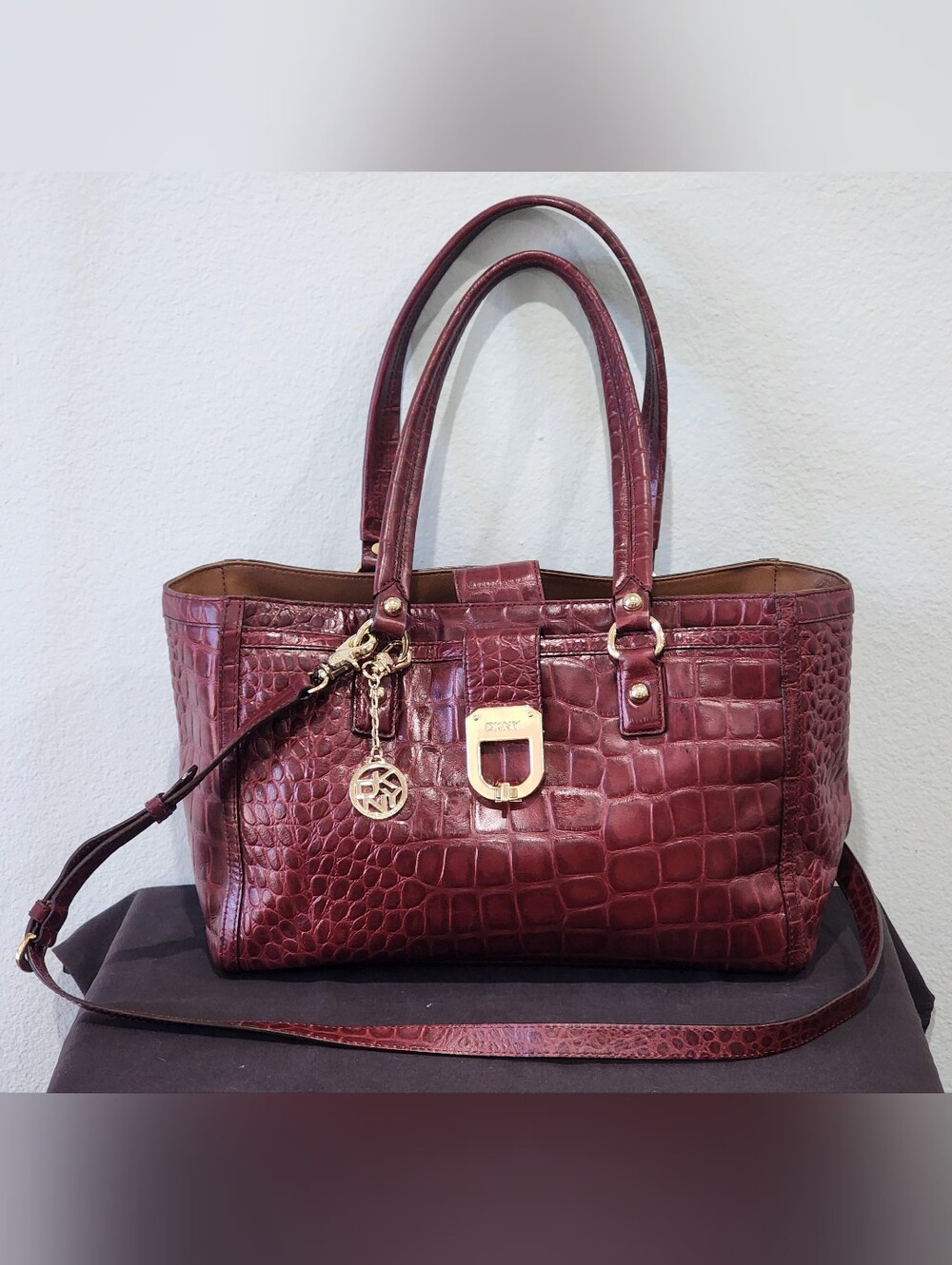 DKNY Burgundy Croc-Embossed Leather Tote Bag with Gold Hardware